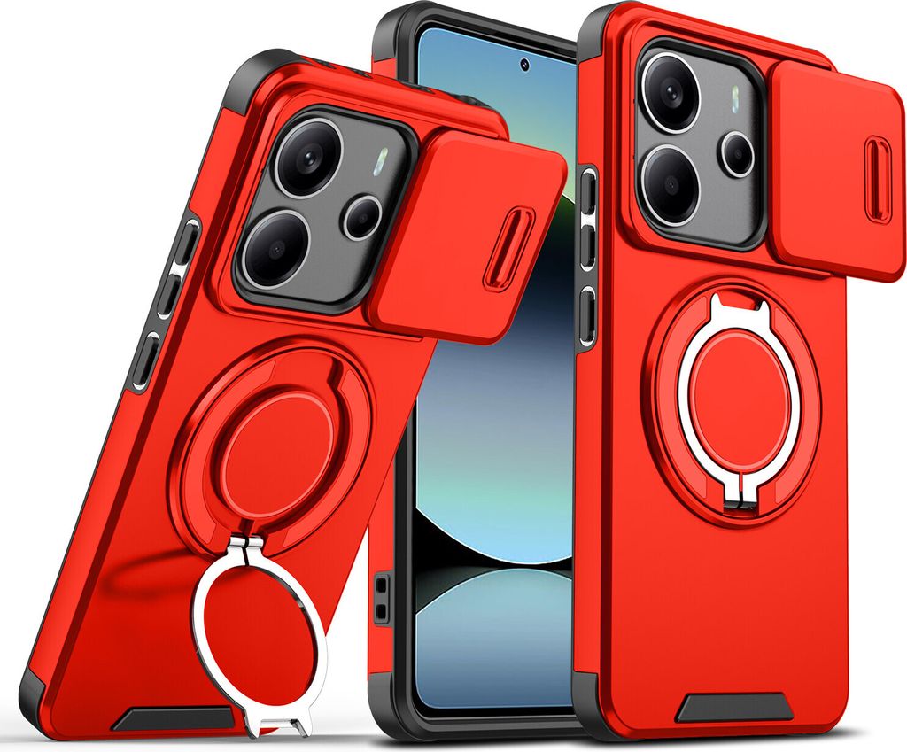Handyhülle für Xiaomi Redmi Note 14 4G Dual-Layer Stoßfest Militär Hülle mit Dia Kameraschutz und Magnetisch Ring Ständer Rot