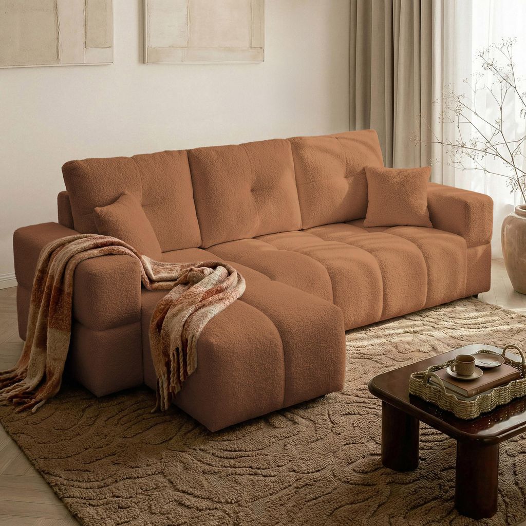 Idohome Polsterecksofa BUENO mit Schlaffunktion und Bettkasten – Modernes Ecksofa mit Stauraum Sofa rechts/links montierbar Kupfer Bouclé Centau...