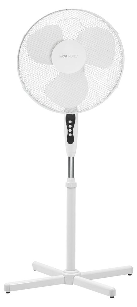 A white Clatronic stand fan is shown against a white background.