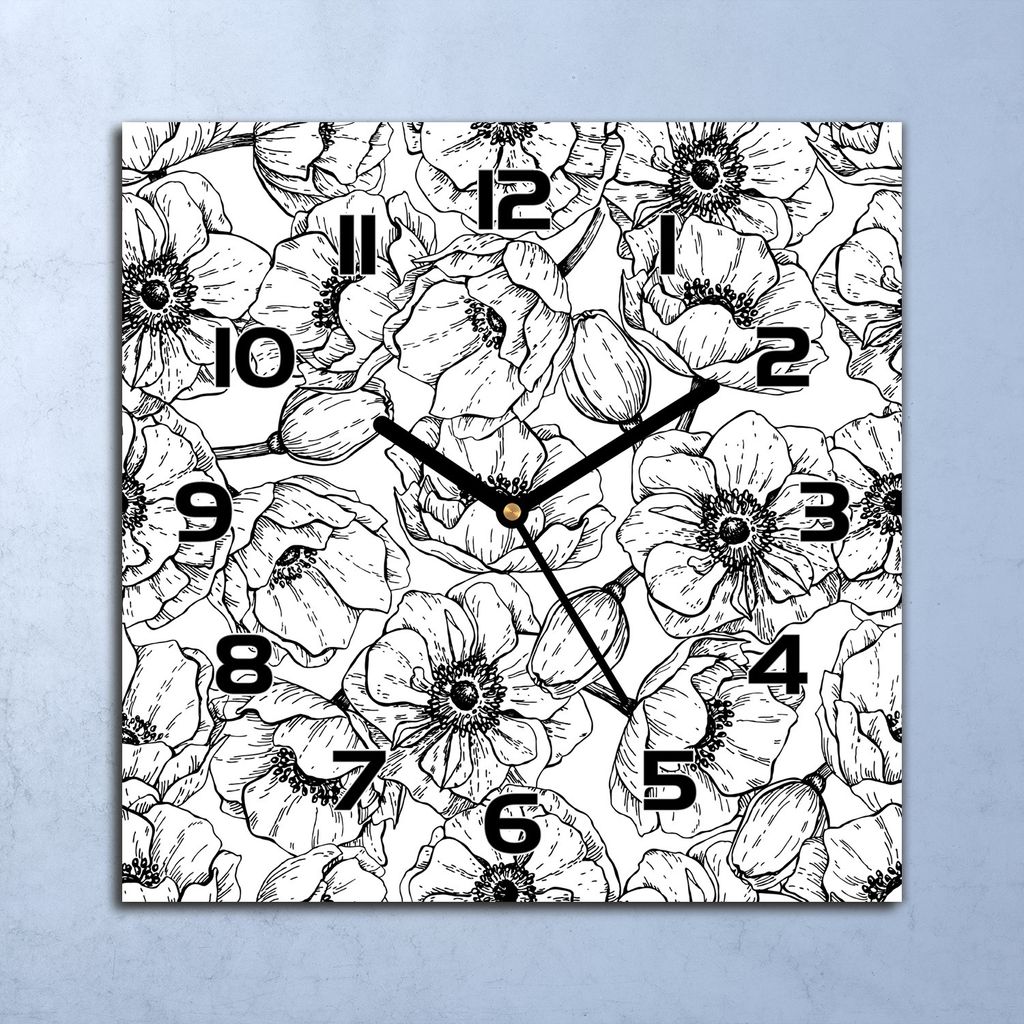 Wanduhr Echt-Glas-Küchenuhr Schwarzweißer Blumen Quarz 30x30 Deko Bilder