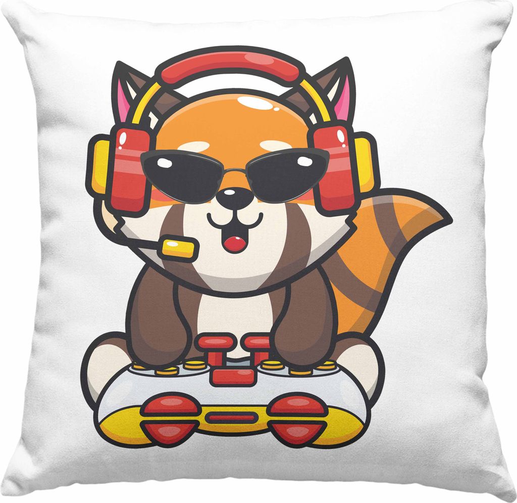 Trendation - Gaming Panda Deko-Kissen mit Füllung 40x40 Kinder Geschenkidee für Jungs Mädchen Lustige Grafik Gaming Jungen Gamer (Blau)