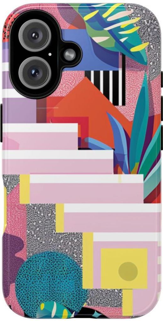 Buntes abstraktes Design mit geometrischen Formen und botanischen Elementen – Hülle Kompatibel mit iPhone 16