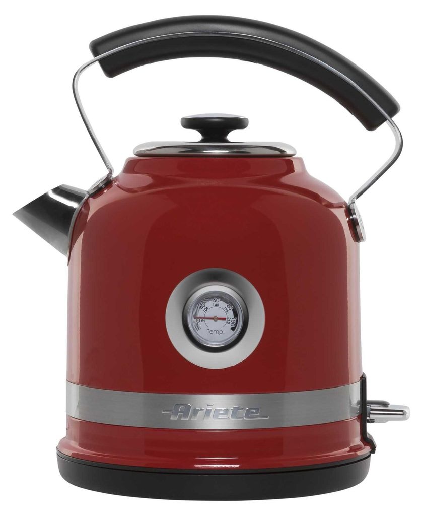 A red electric kettle with a built-in thermometer.