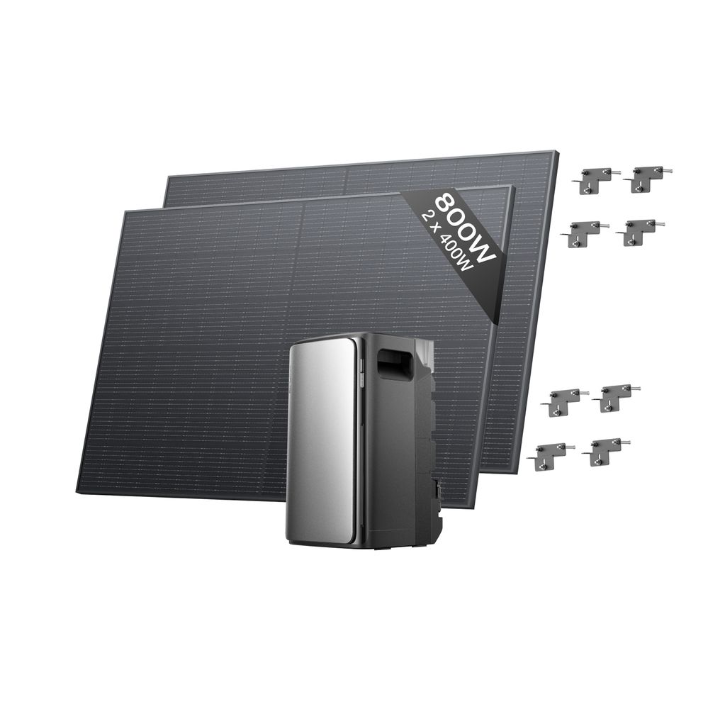 ECOFLOW STREAM Pro Balkonkraftwerk mit Speicher 800W, 1,92kWh, Komplettset mit 2x 400W Solarpanel und Halterung für Fassade