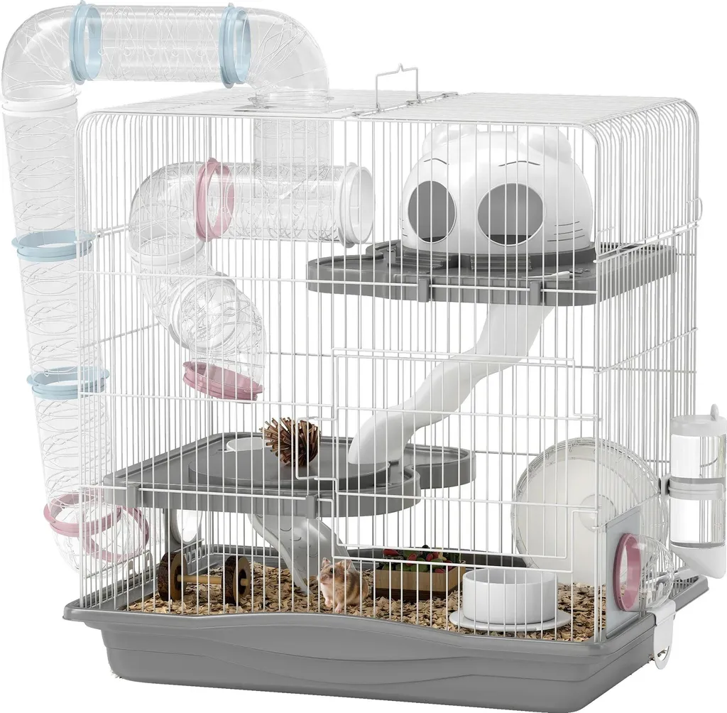 Habitat complet pour petits animaux avec accessoires et niveaux - Cage Grise