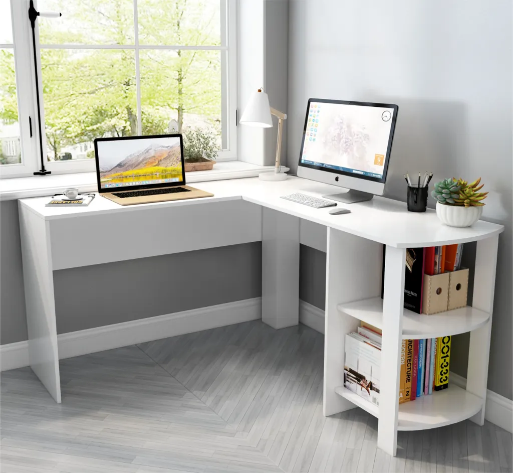 Mondeer Bureau d'angle en L avec 2 étagères arrondies Blanc pour PC