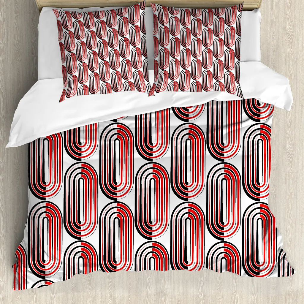ABAKUHAUS Copripiumino moderno, Ellissi astratte Curves, Antiacaro e anallergico, con federe, 200 cm x 200 cm - 80 x 80 cm, Bianco vermiglio