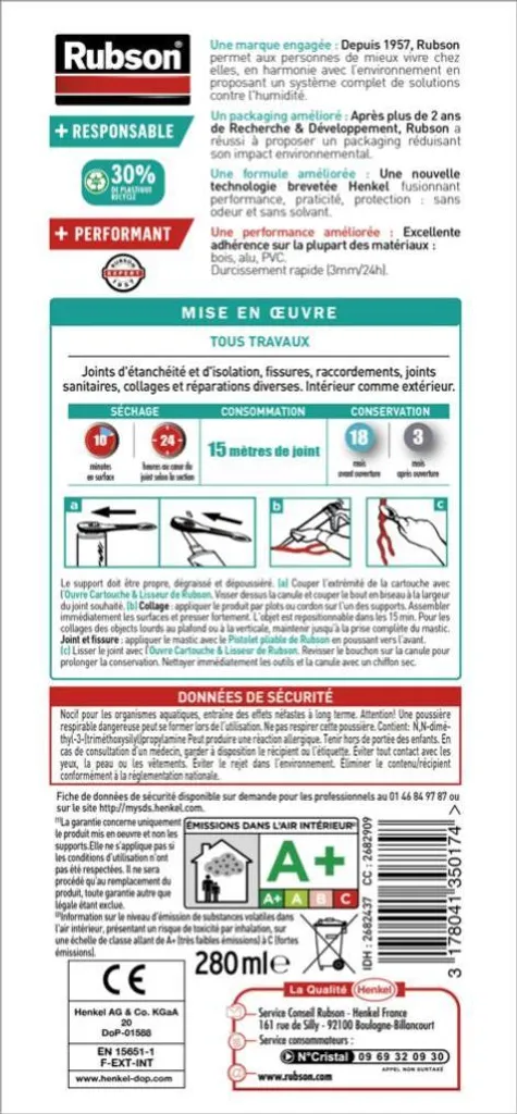 Mastic Multi-Usage Pure Rubson Blanc - Formule Haute Résistance 280ml - 3