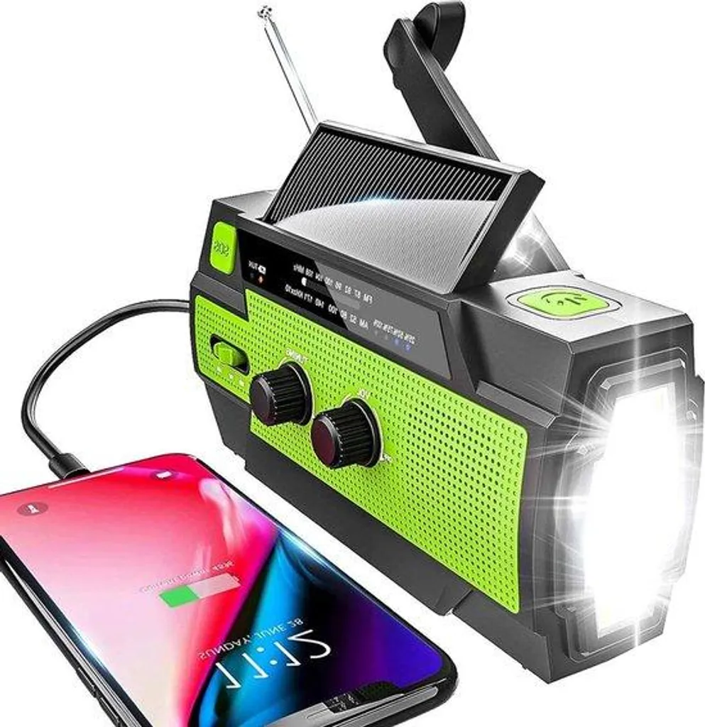 Radio d'urgence contre les pannes - Solaire et Manivelle 4000 mAh Vert