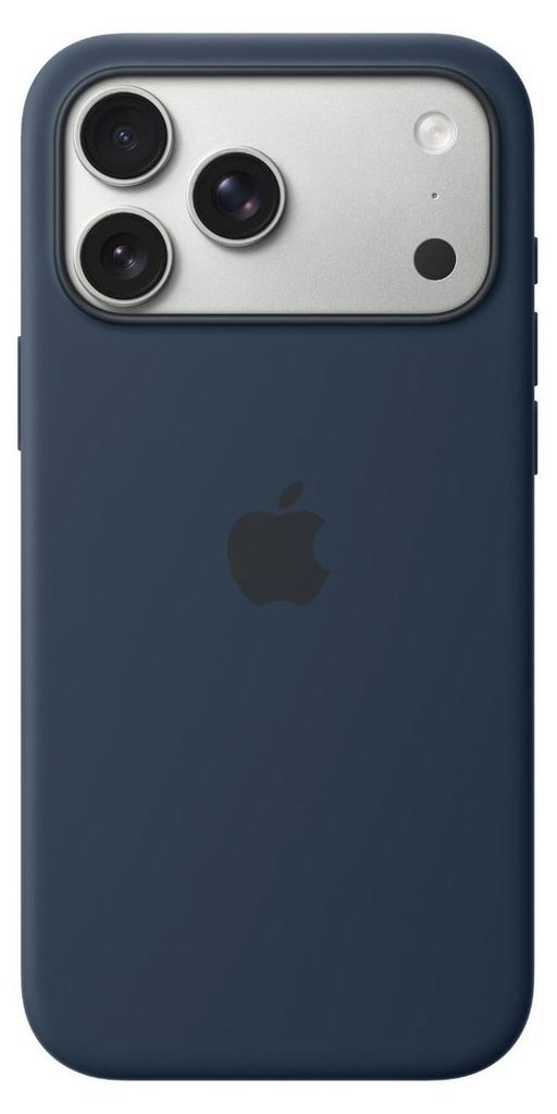 A dark blue iPhone case with a silver camera module is shown against a white background.