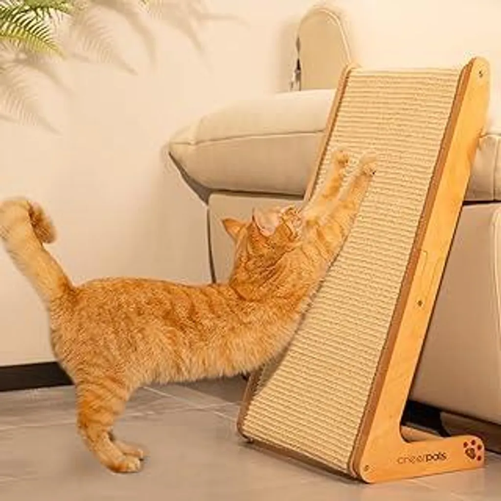 CheerPals Tiragraffi in sisal a doppio uso per gatti - Grande 63 cm H, legno massello di faggio e colonna in sisal naturale per gatti, tiragraffi a forma di L per tutti i gatti Giocare, rilassarsi