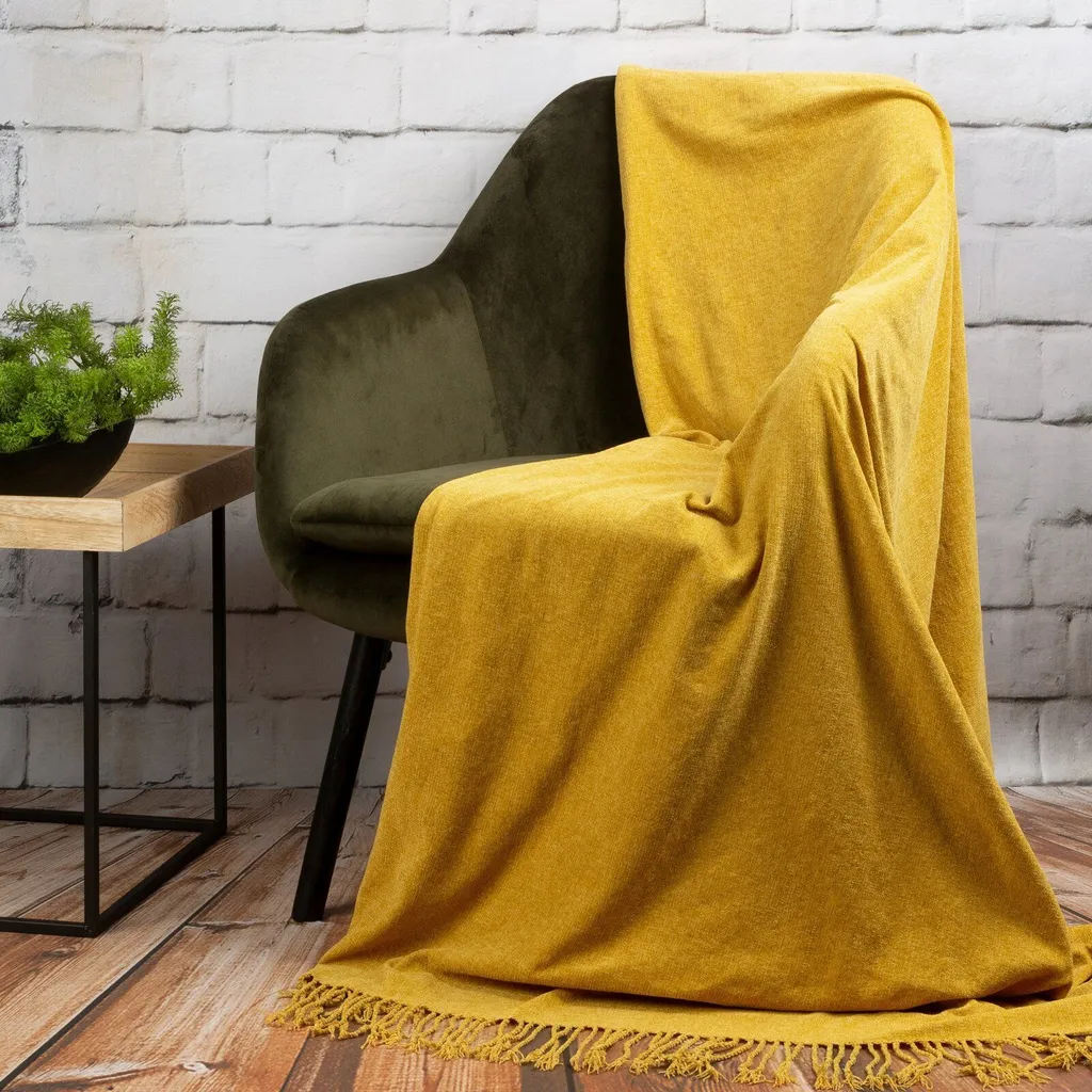 Coperta Quadretti Gialla Con Frange 127x170 Cm – Morbida E Calda In Acrilico Per Divano E Letto - 2