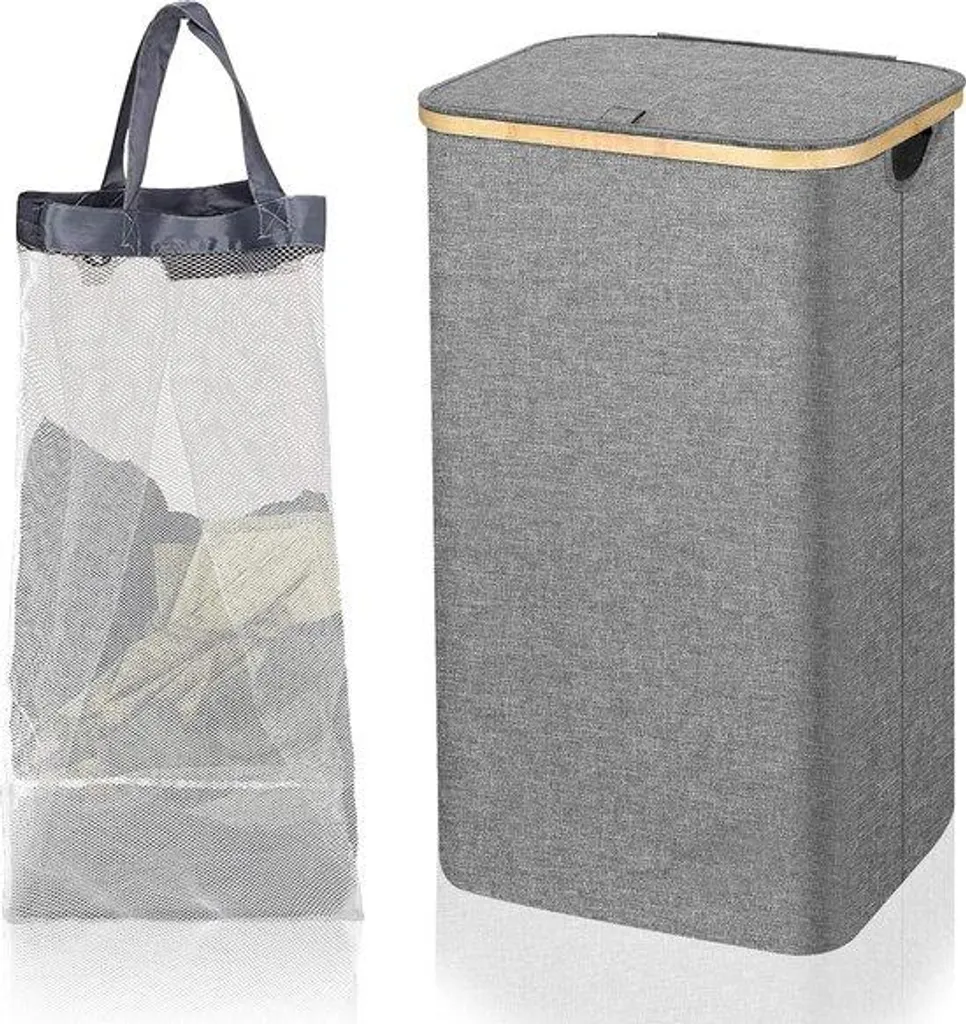 Rangement linge 110L pour salle de bain, bac pliable gris et bambou