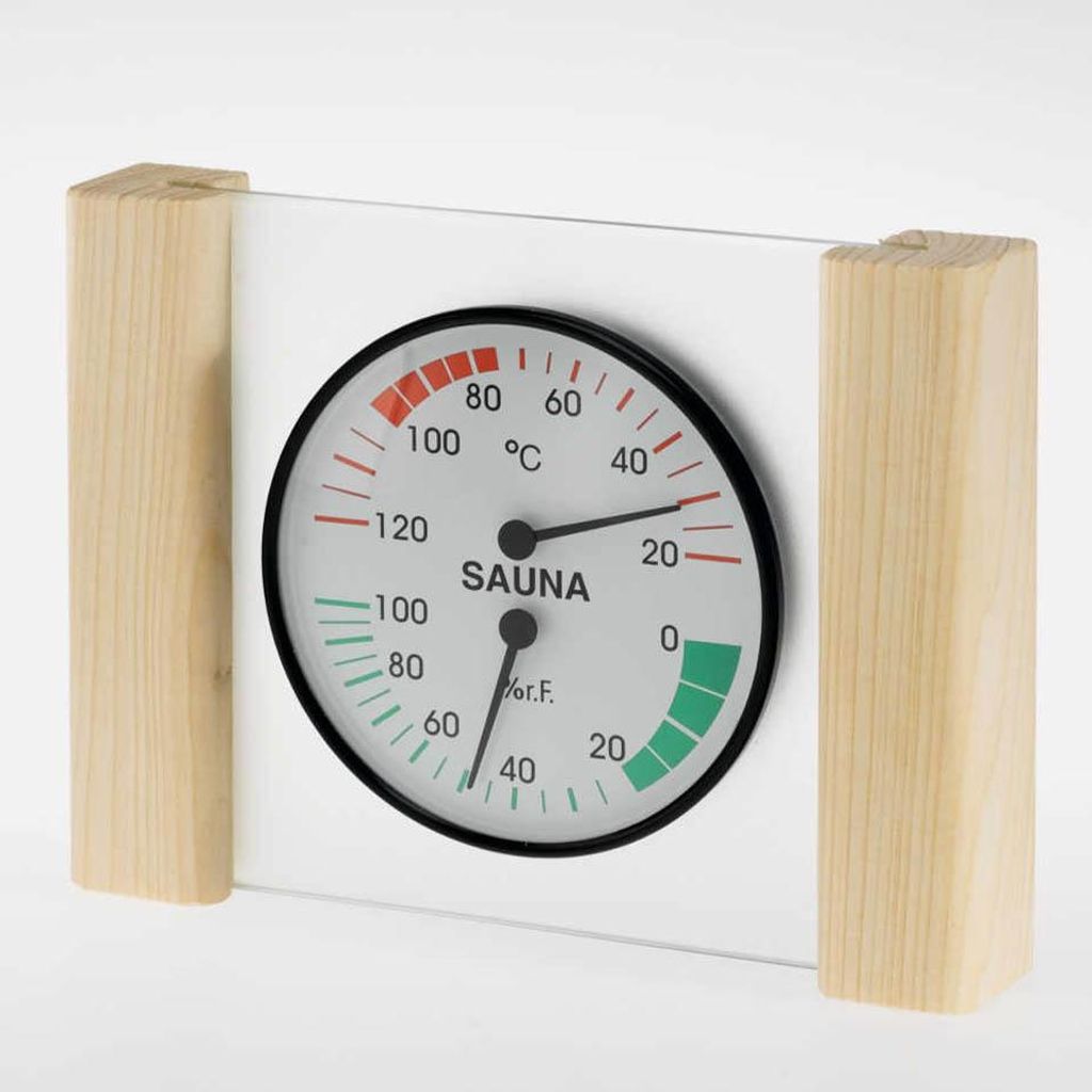 Infraworld Klimamesser mit Glas Holzrahmen in Fichte Sauna Thermometer Hygrometer