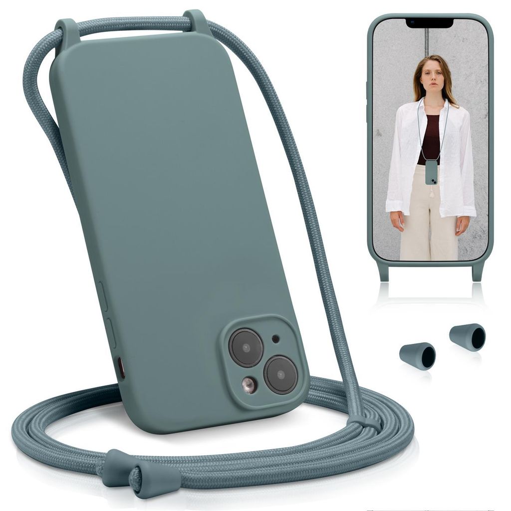 Conie Schutzhülle mit Handykette für iPhone 12 Silikon Band Case Schnur Kamera Schutz Cover Hülle in Dunkelgrün
