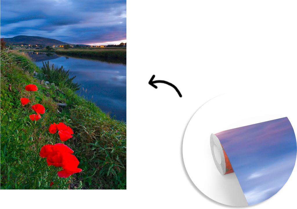 MuchoWow Fototapete für Wohnzimmer oder Schlafzimmer Wandtapete Vinyl Motivtapete Rote Mohnblumen am Wasser - 150x220 cm - Wandbilder