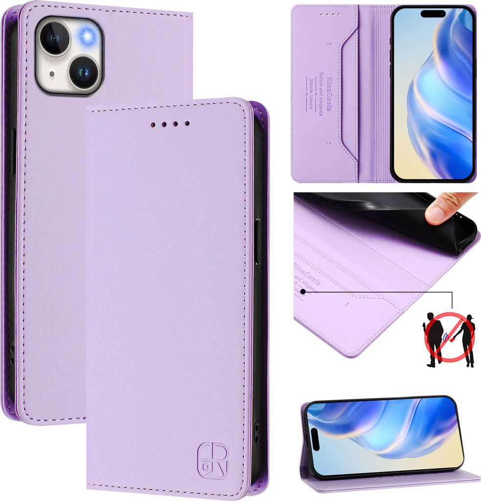Lederhülle für iPhone 15 Plus Hülle Flip Brieftasche Kartenfächern Ständer Schutzhülle Violett