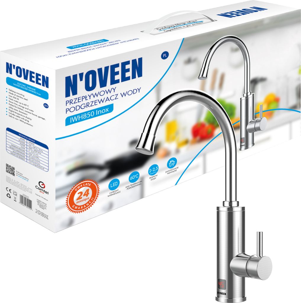 A product box for a N'OVEEN instantaneous water heater, with a product image on the front.