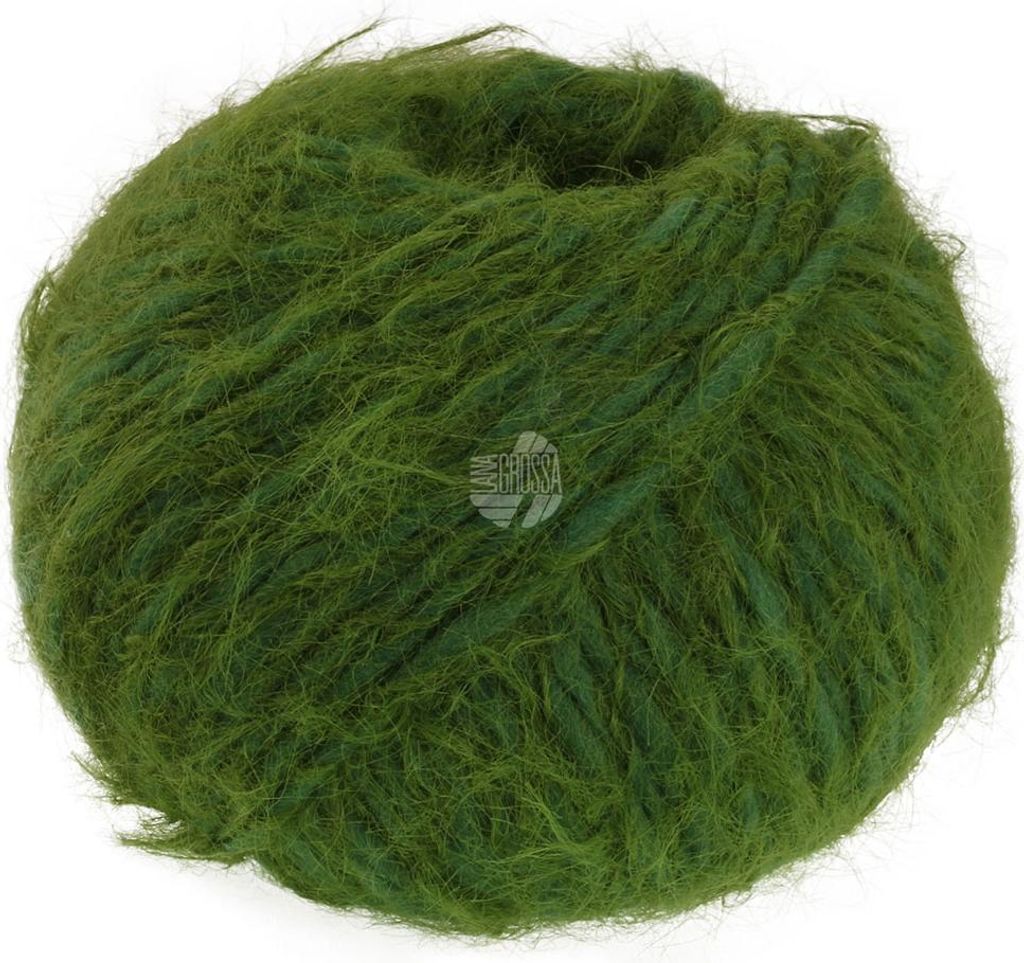 A ball of green yarn with a fuzzy, fake fur-like texture.