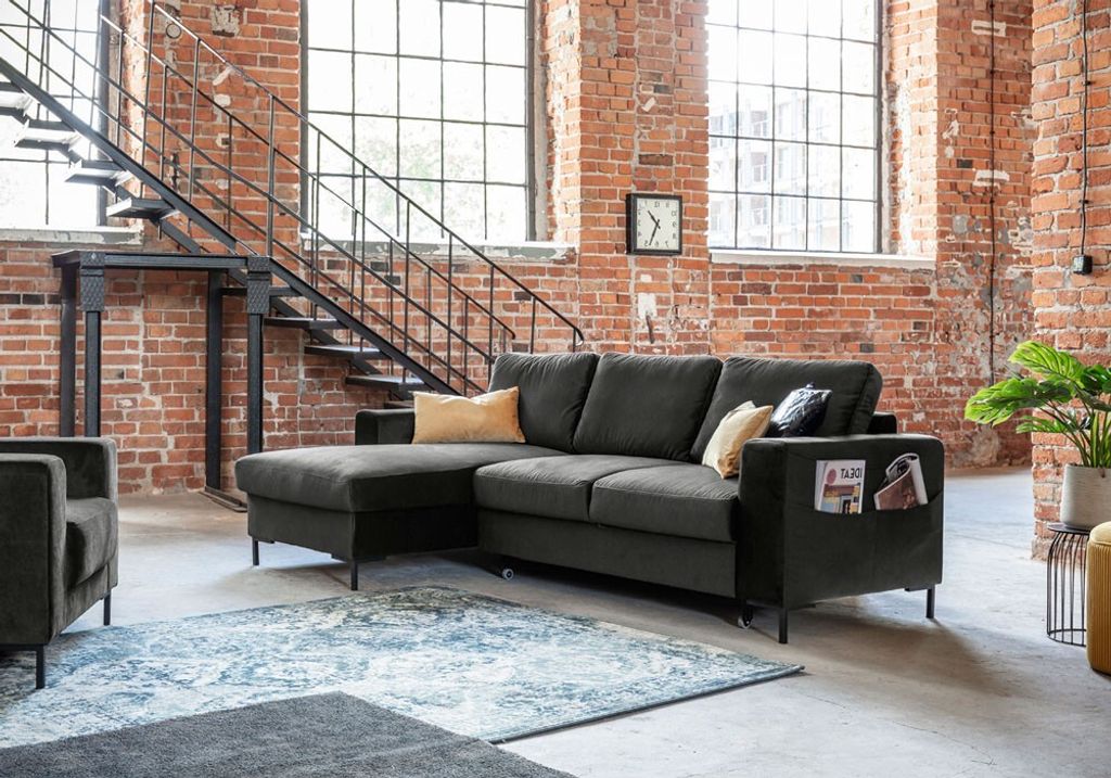 MIUFORM Lofty Lilly - Ecksofa mit Bettfunktion und Bettkasten L-FORM LINKS - 236x148cm - Velours Dunkelgrau - Sofa Schlafsofa Couch