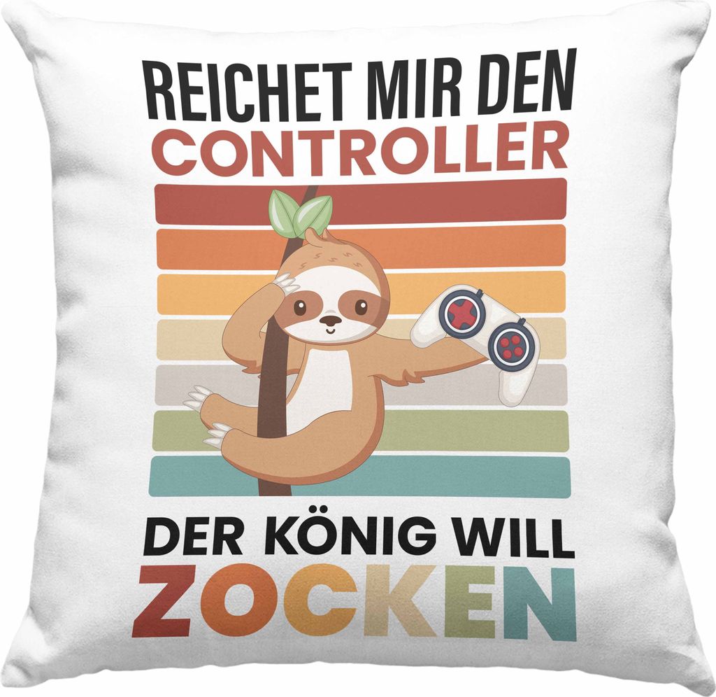 Trendation - Zocken Reichet Mir den Controller König Deko-Kissen mit Füllung 40x40 Geschenk Gamer Jungs Jungen Geschenkidee Zocker Faultier Grafi...