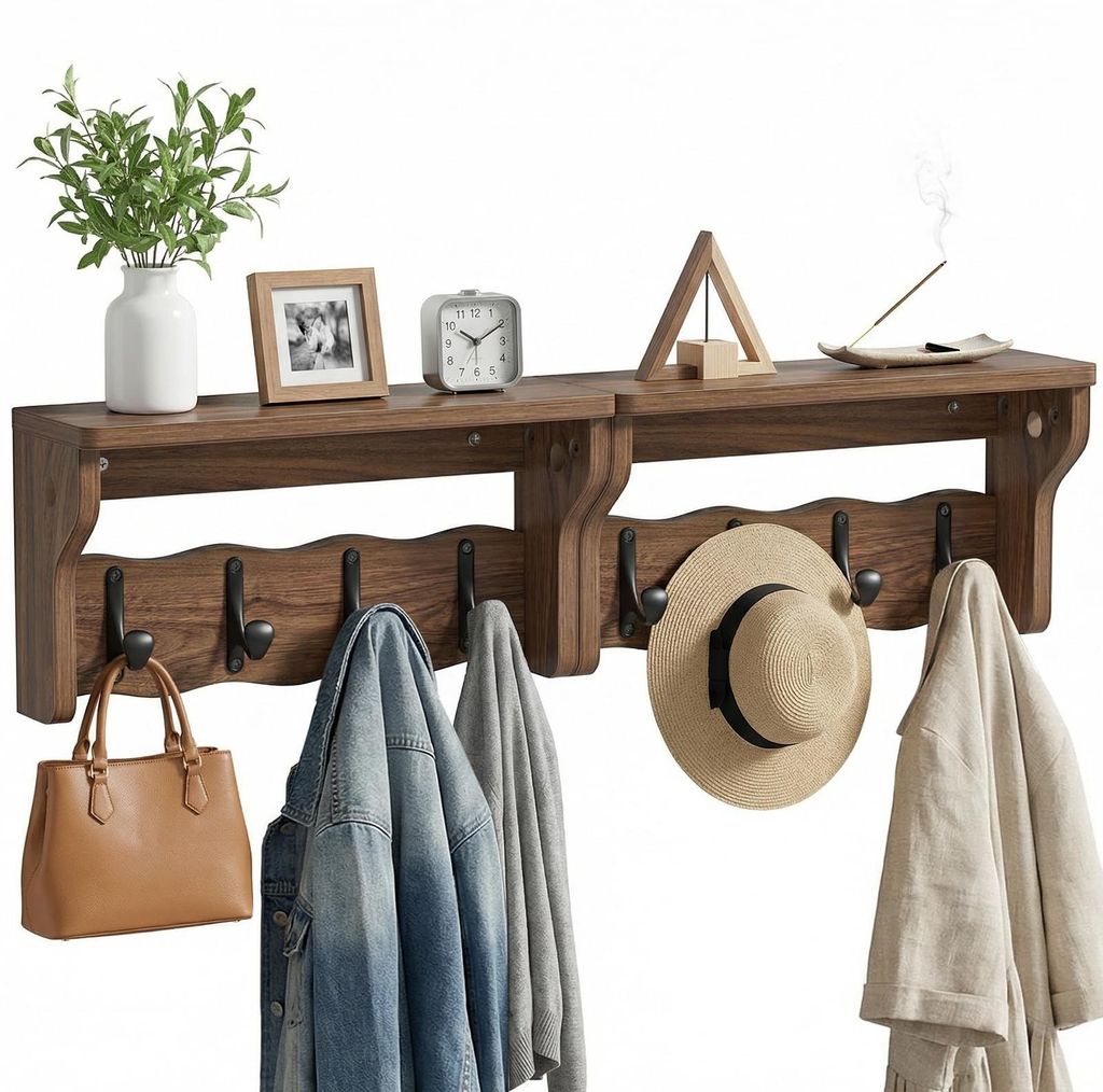 Houten kapstok met 8 haken en een plank Productafbeelding 