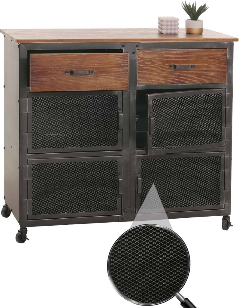 Kommode HWC-N28, Schrank, Rollen 2 Schubladen, 3D-Struktur Industrial Retro Metall Holz 90x100x40cm schwarz, braun