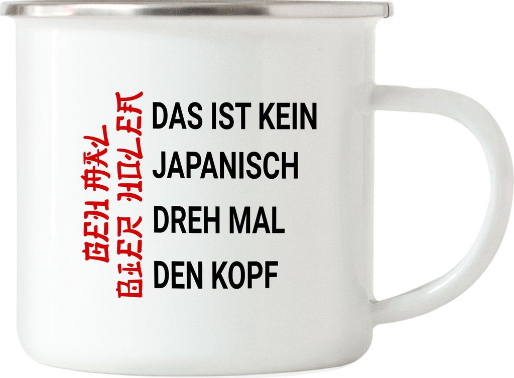 Das ist kein Japanisch dreh mal den Kopf Emaille Tasse Lustig Geschenk Arbeit Büro Spruch Gag Humor