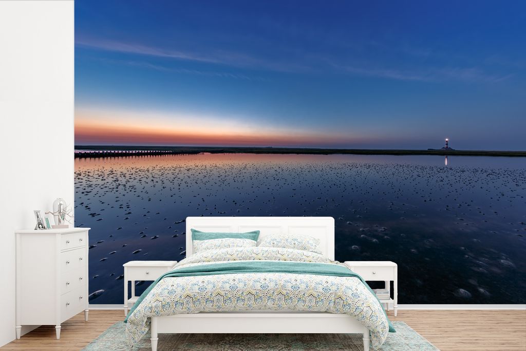 MuchoWow Fototapete für Wohnzimmer oder Schlafzimmer Wandtapete Vinyl Motivtapete Leuchtturm - Wasser - Himmel - 450x300 cm - Gemusterte