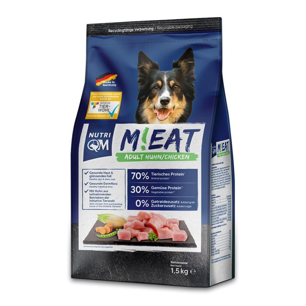 A bag of dog food with a picture of a dog and ingredients.