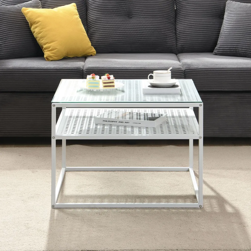 Table basse moderne en verre et métal blanc avec double plateau 60 cm - 4