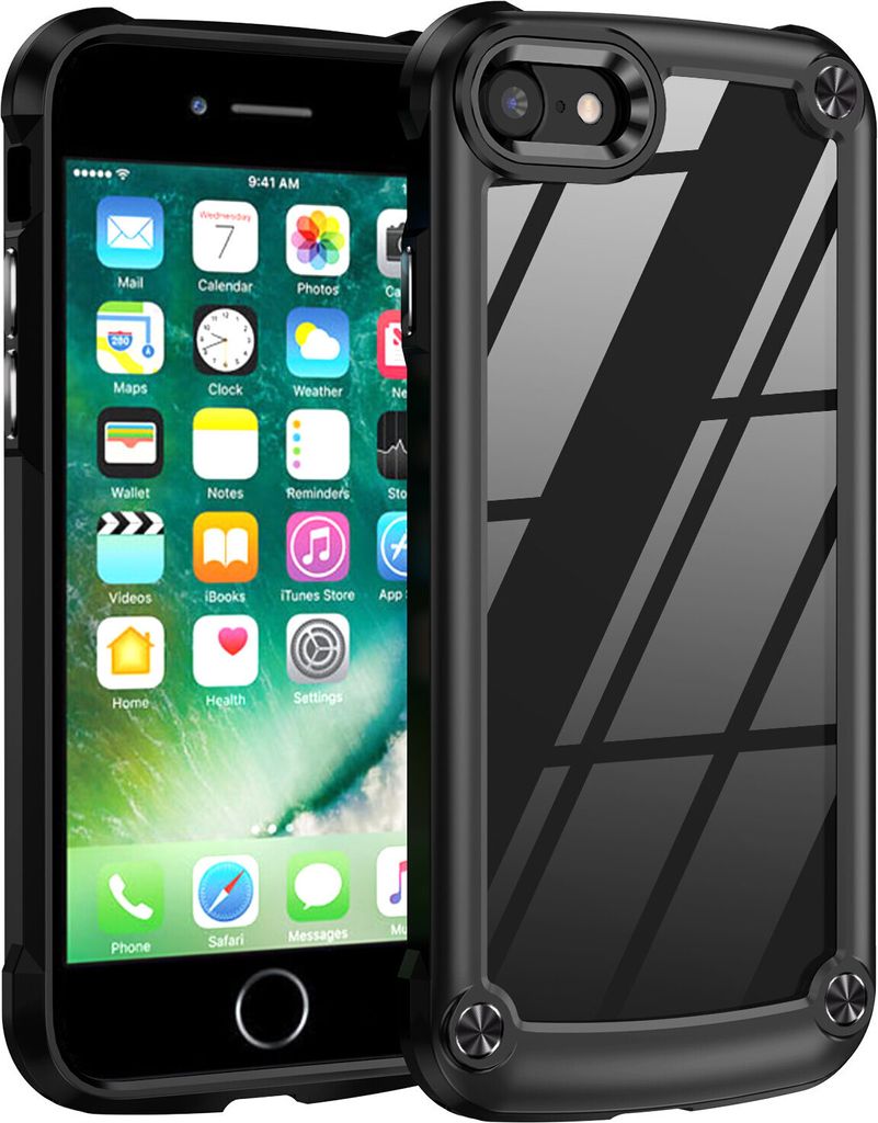 iPhone SE 2022 Hülle, Hybrid Transparente PC Robust TPU Bumper Stoßfest Schutzhülle für iPhone SE 2022/2020/iPhone 7/8 Schwarz