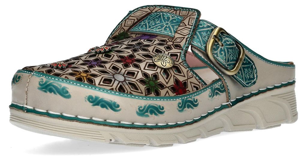 Laura Vita Damen Clog mit Cut-Outs und ornamentalem Muster Dorry 01, Größe:37 EU, Farbe:Türkis