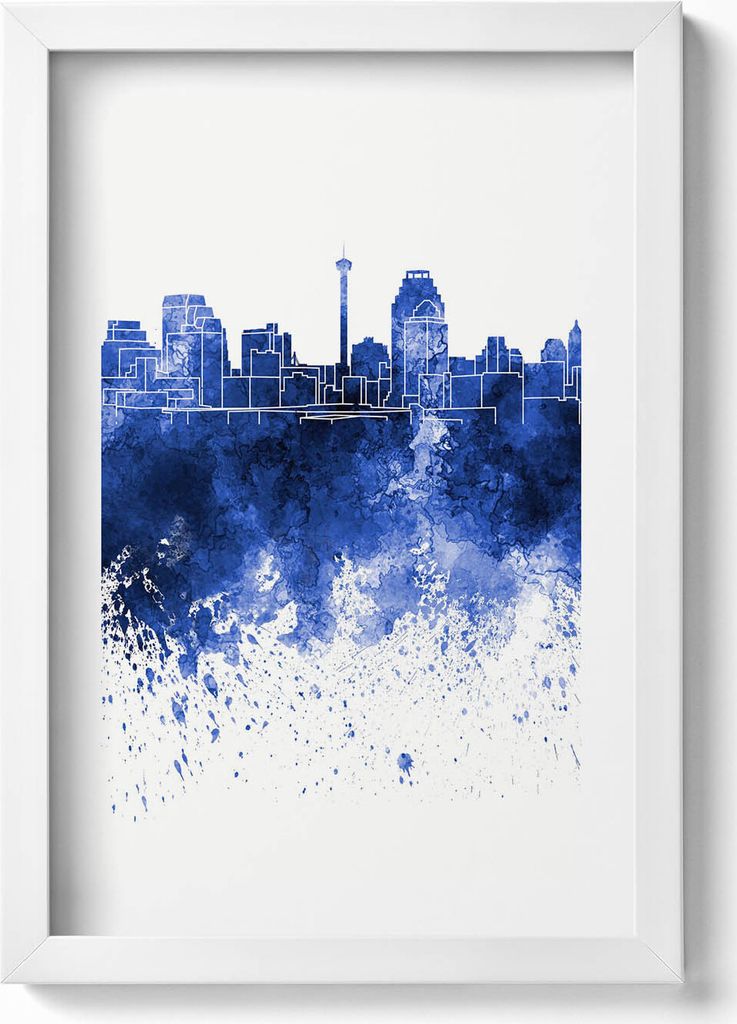 Panorama von San Antonio Aquarelle– Wandbild mit Rahmen – Gerahmtes Bild – Wanddekoration – 20x30 cm – Weiß