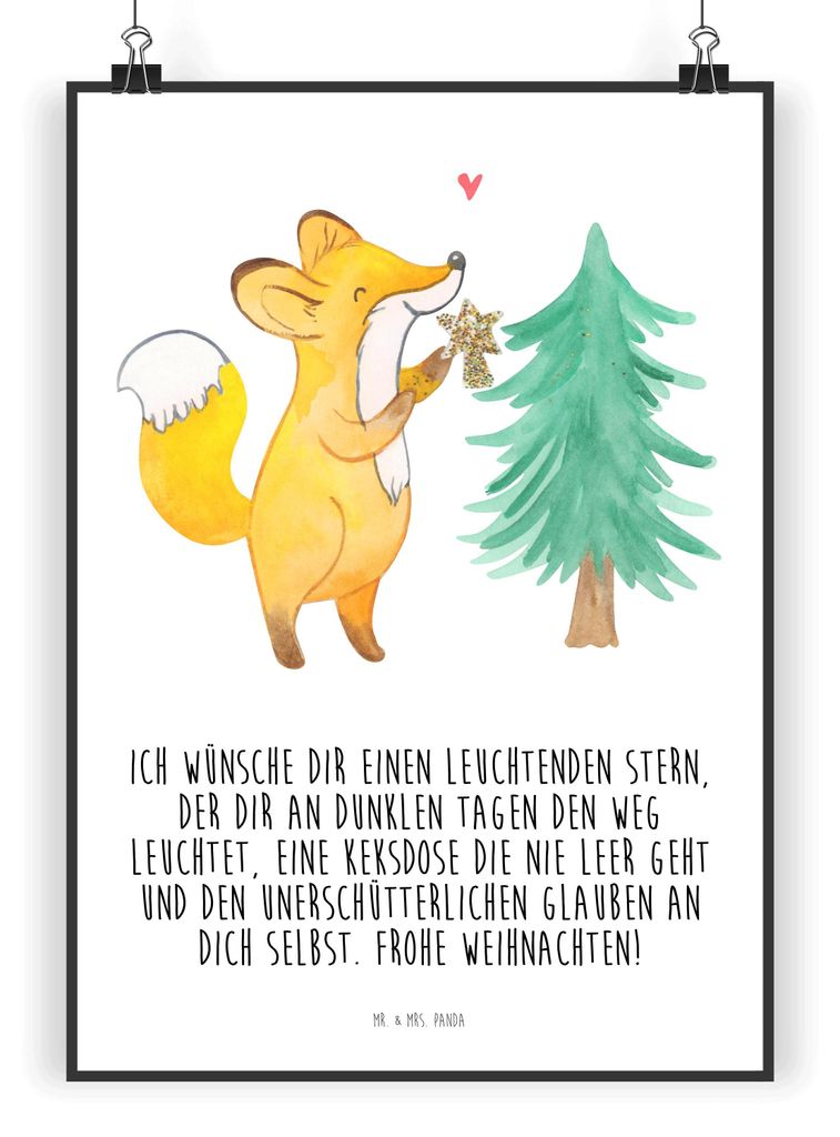 Mr. & Mrs. Panda Bild Fuchs Weihnachtsbaum DIN A4 - Weiß - Geschenk, Wandbild, Heiligabend, Weihnachtsmann, Schlittschuh, wanddeko, Weihnachten, k...