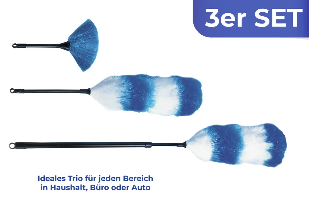 Kit de plumeaux microfibre bleus lot de 3 pour entretien multi-surfaces
