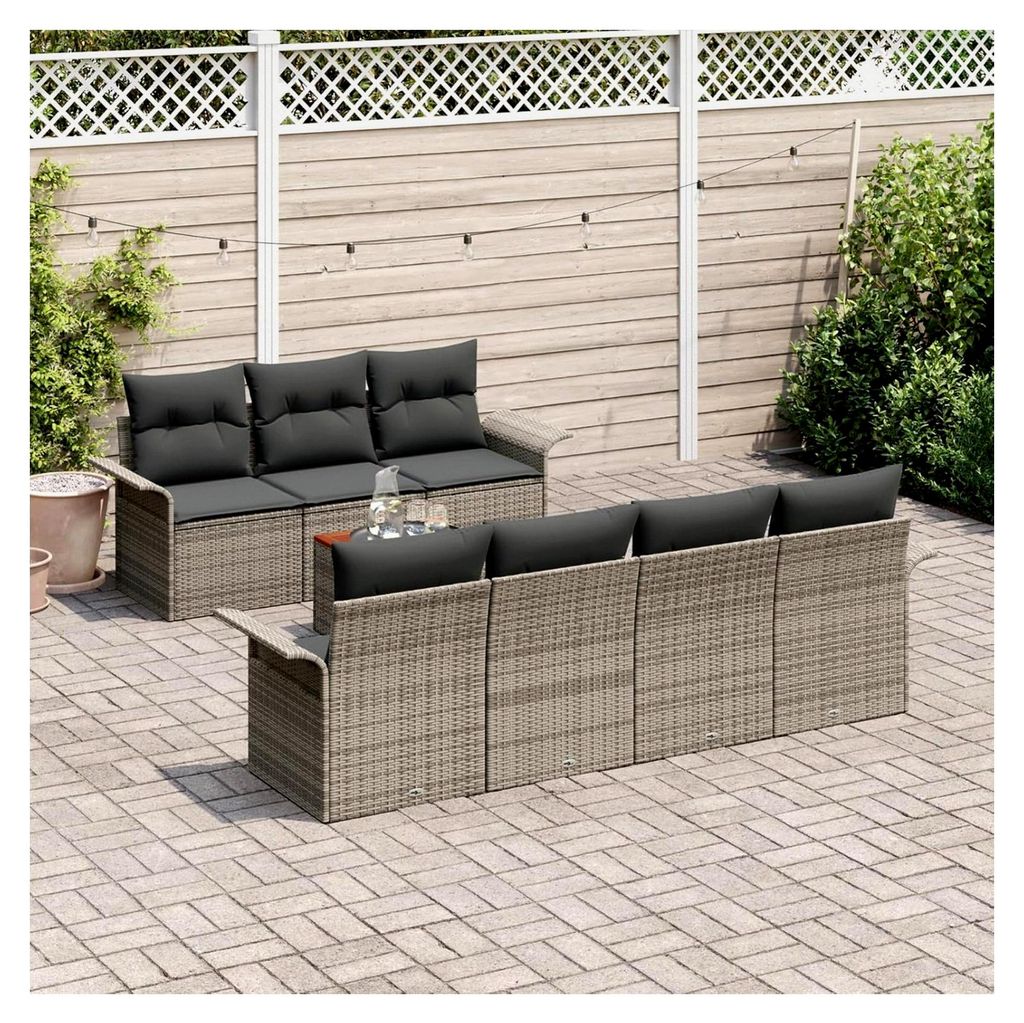 8-teiliges Garten-Sofa-Set mit Kissen in Grau aus Poly-Rattan und Akazie für den Außenbereich