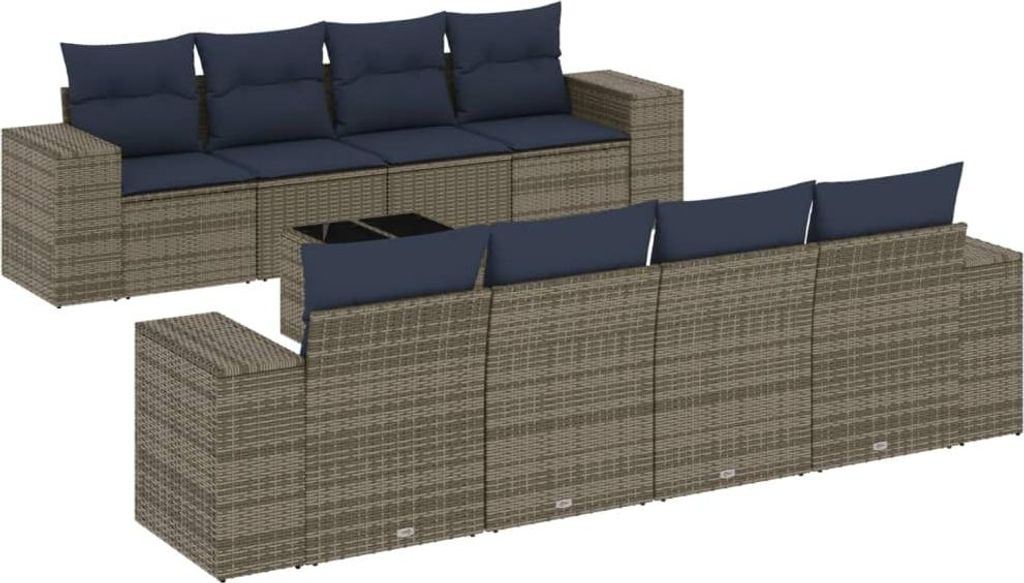 vidaXL 9-teiliges Gartensofa-Set mit Kissen, grau, Polyrattan