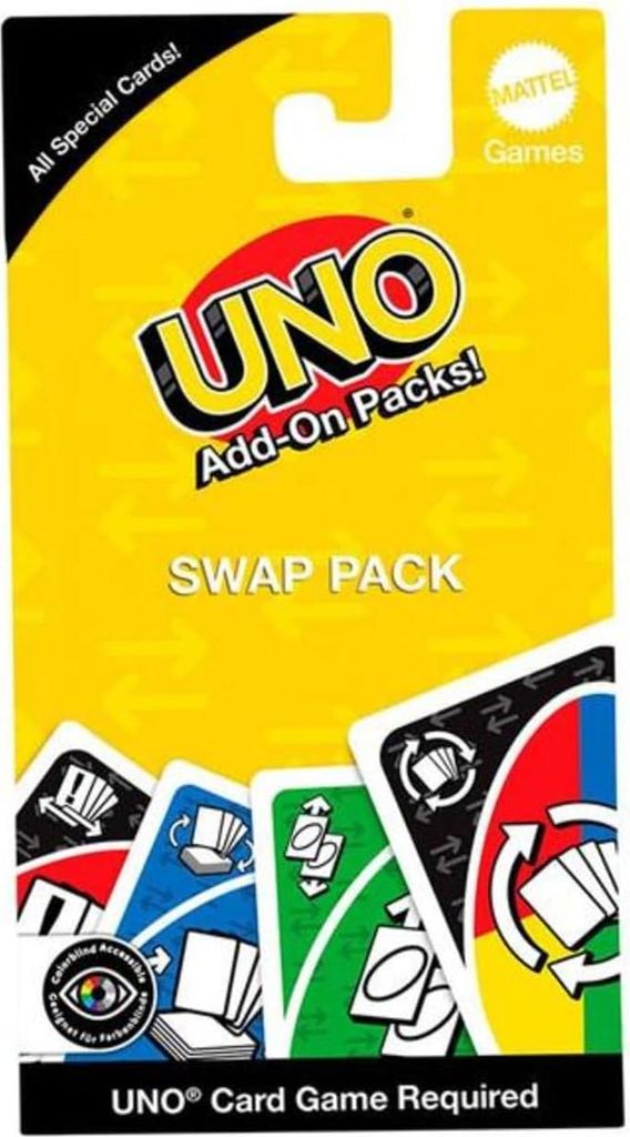The image shows the packaging for a UNO Swap Pack add-on for the UNO card game.