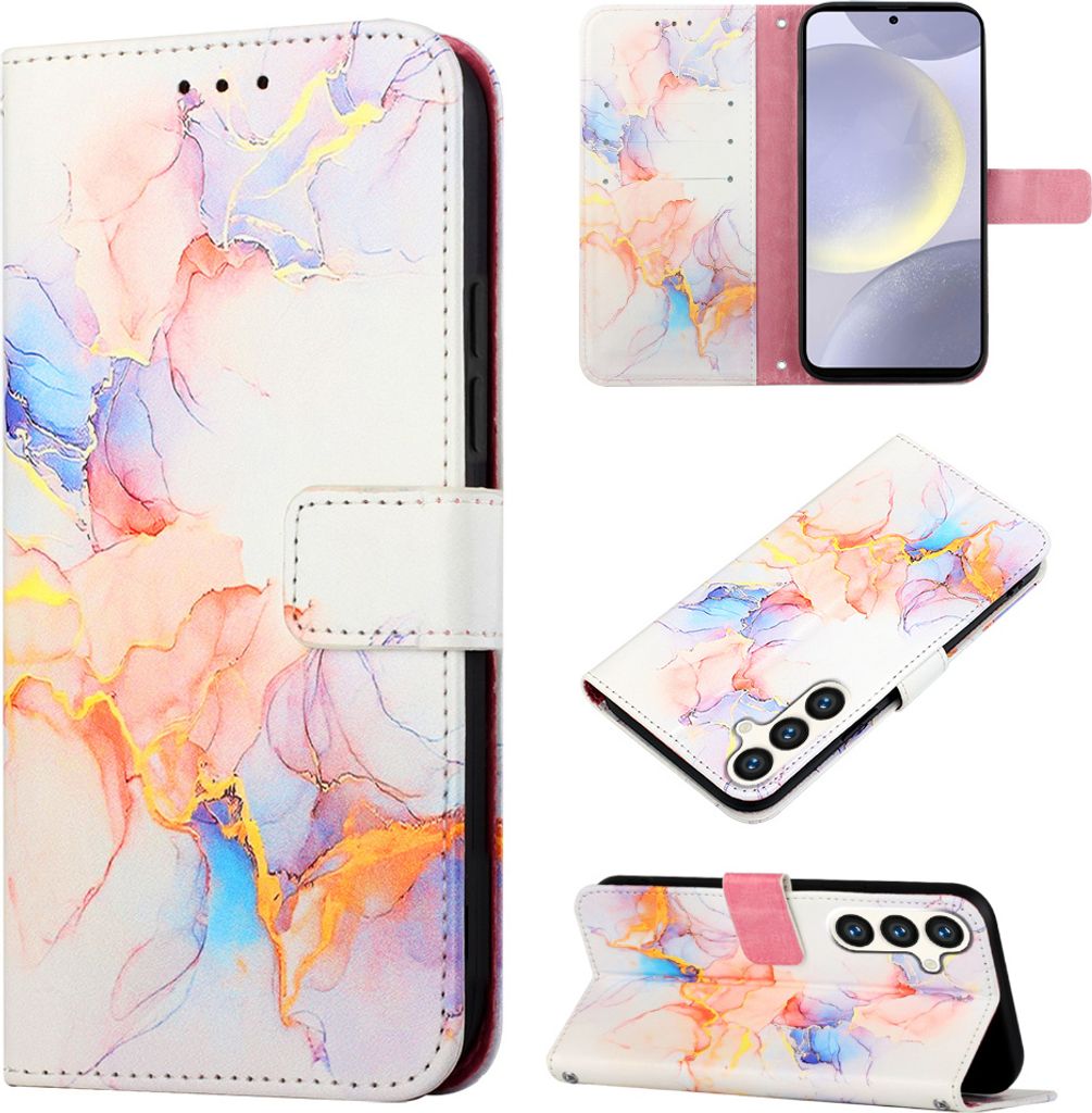Galaxy S25 Hülle, Marmor Motiv Kunstleder Tasche Kartenfächer mit Standfunktion Schutzhülle für Samsung Galaxy S25 Bunt
