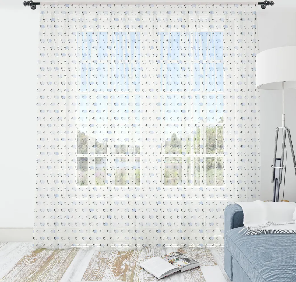 Tenture Murale Animaux Motif Mouton en Tissu Satiné Bleu et Blanc 210x274