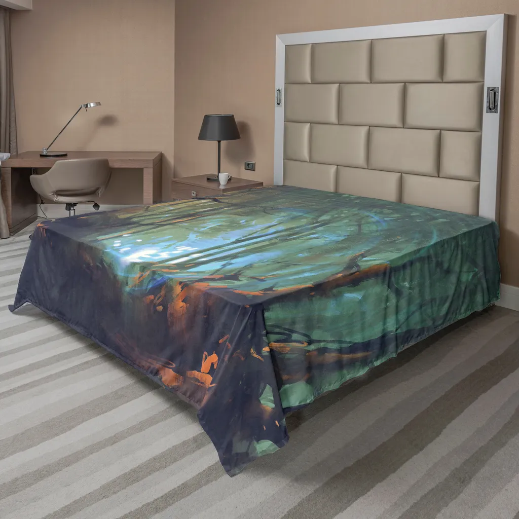 Drap Plat Grande Taille 275x260 cm pour Lit Double - Motif Forêt Lac