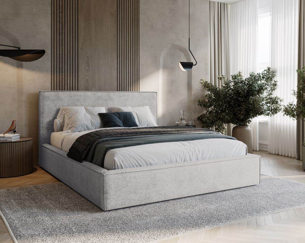 BESILIO Schlafzimmerbett 200x200 Zanzi - Metallrahmen, Bett mit Bettkasten, Zierkeder - Hellgrau