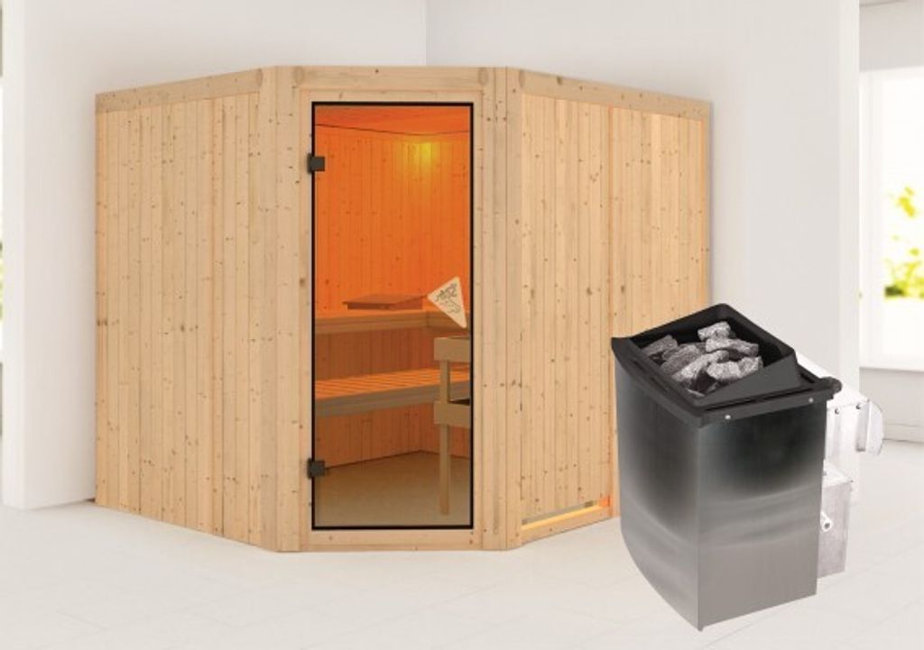 Karibu Sauna Innensauna Malin Eckeinstieg Ofen 9 kW integr. Strg 231x196x198 cm ohne Dachkranz mit Bronzierte Tür