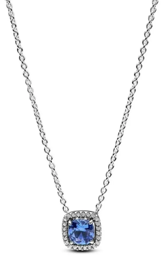 Pendentif Femme Argent 925 Collier avec Cristal Bleu Carré Zirconiums