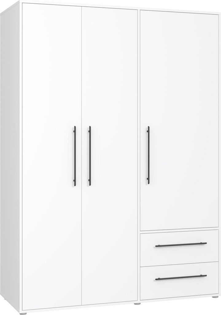 Kleiderschrank - 144 x 200 cm - 3 Türen - 2 Schubladen - Weiß matt