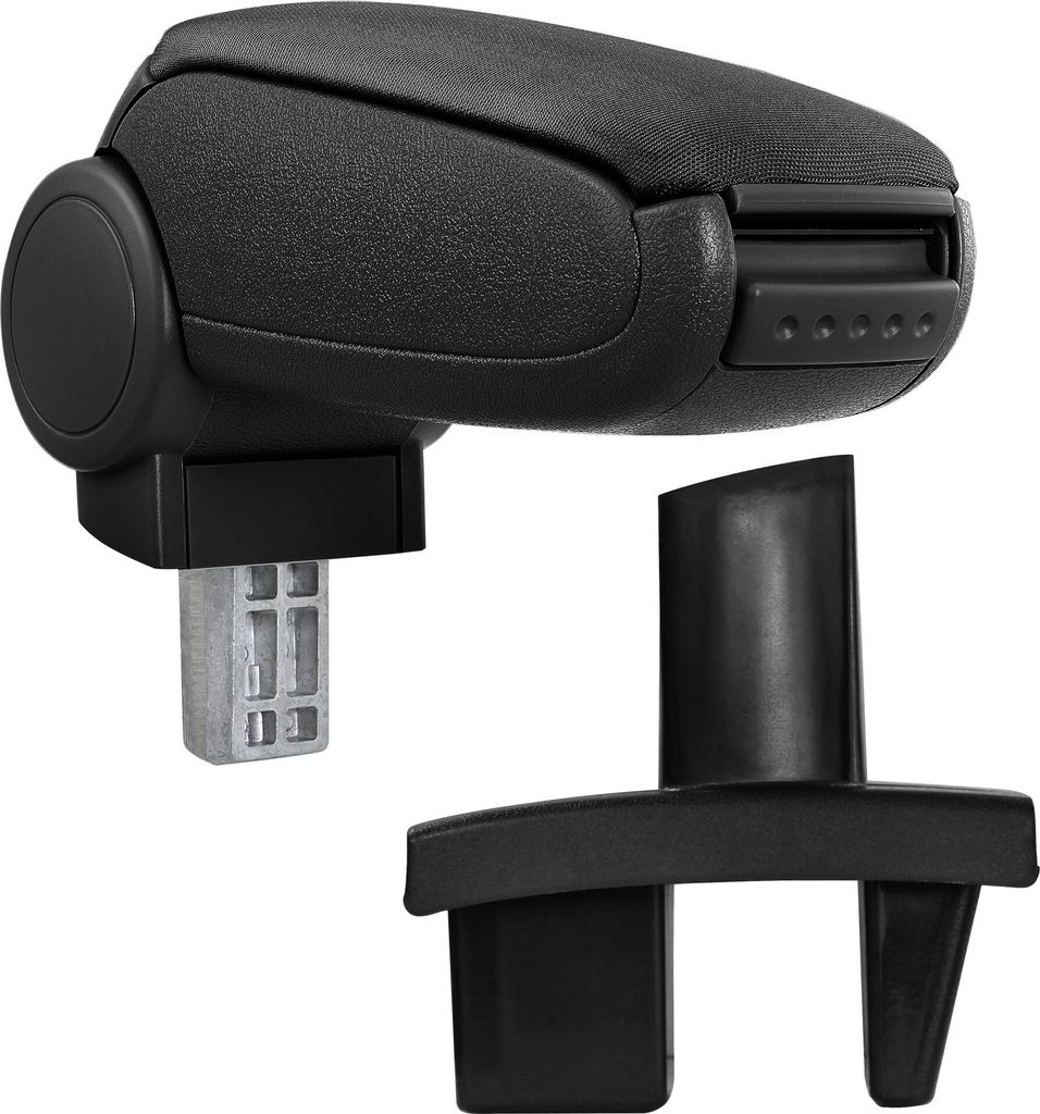 A black car armrest with its mounting bracket and a separate black plastic piece, shown against a white background.
