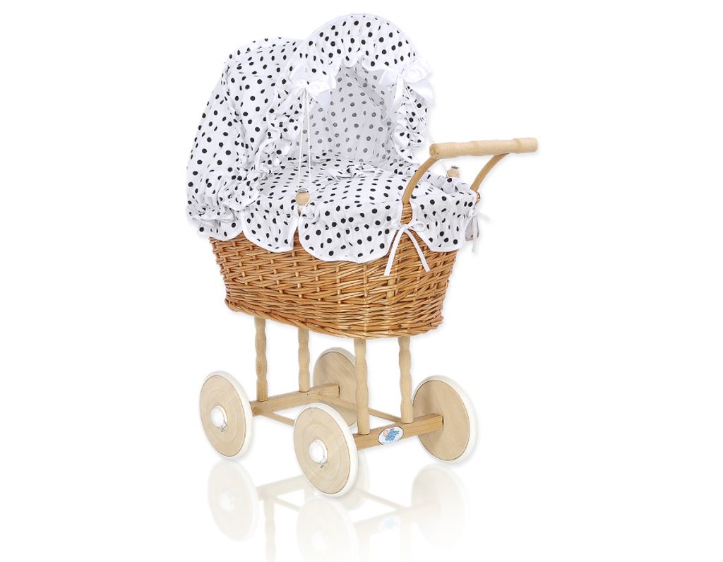 Wiklinwagen für Puppen mit Bettwäsche in Natur und Schwarz von MY SWEET BABY, handgefertigt, stabiler Buchenholzrahmen, bewegl