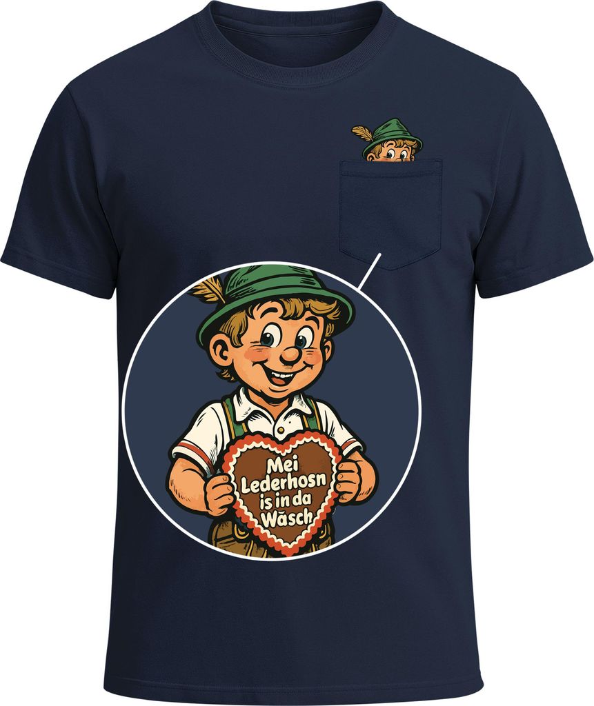 Herren T-Shirt mit Brusttasche Lausbua Lebkuchen Herz Servus Lederhosn in da Wäsch Ersatz Tracht Trachtenlook für das Bier Fun-Shirt Moonworks
