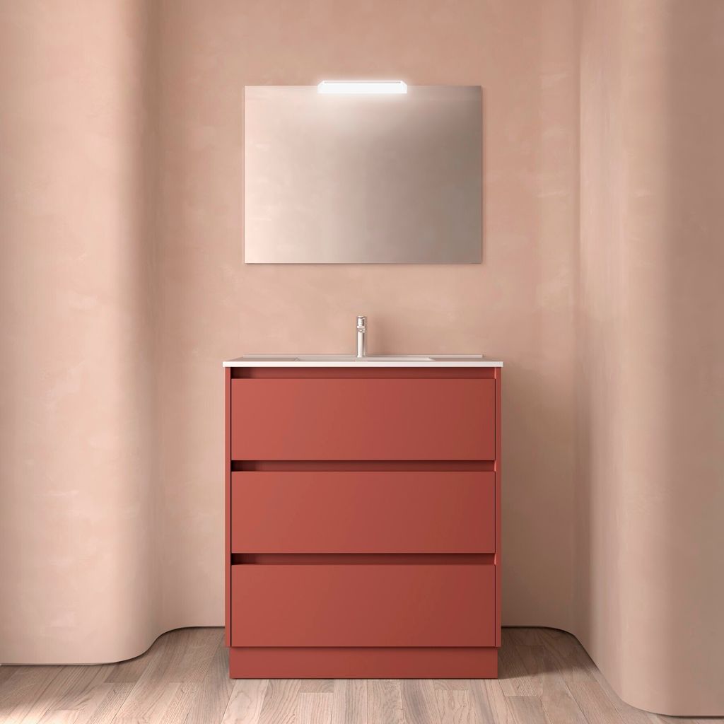 Noja Komplett-Set 800 3 Schubladen RED SATIN + Waschtisch + Spiegel + Leuchte
